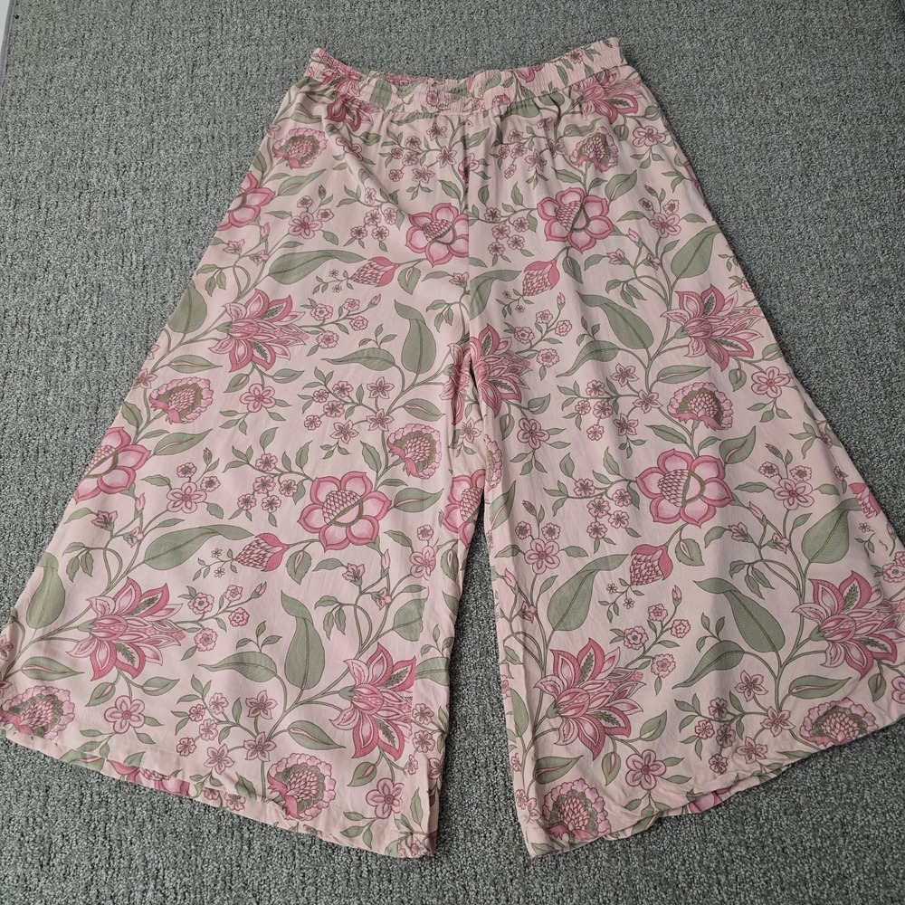 Usta Floral Rayon Culotte Pants XXL Pink Pull On Wide Leg Gaucho Boho Cottage